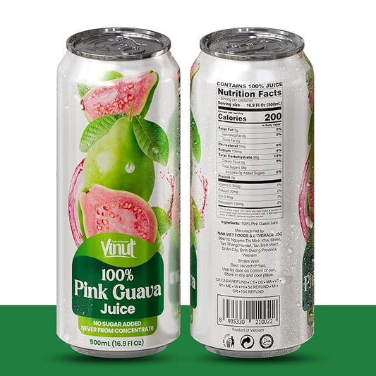 VINUT 100% Pink Guava Juice, No Added Sugar, Not From Concentrate, 16.9 fl oz (500 mL) Can, Pack of 12