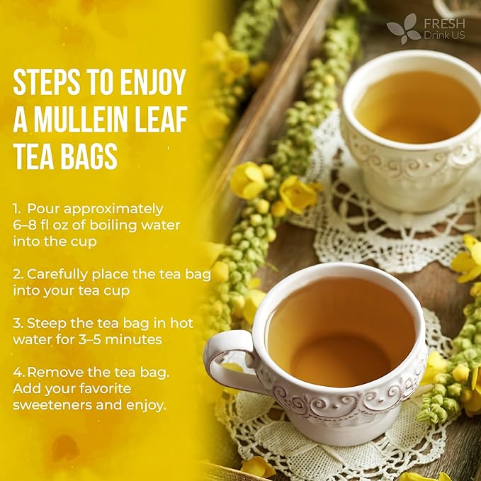 FreshDrinkUS, Premium 25 Mullein Leaf Tea For Lungs, Lung Detox For Smokers, Handmade, 100% Natural & Pure, Mullein Tea, No Sugar, No Caffeine, No Gluten, Vegan