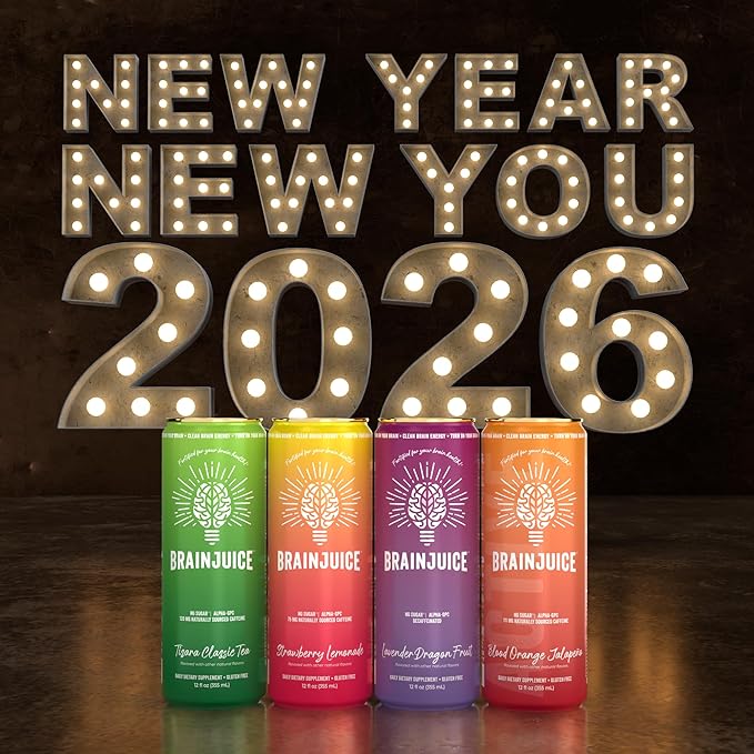 BrainJuice Brain Health Support Drink for Energy & Focus, Vitamin C, B5, B6 & B12, L Theanine, Alpha GPC & Natural Caffeine from Green Tea, Vegan, Gluten Free, Tisara Classic Tea, 12 Oz Can, 6 Pack