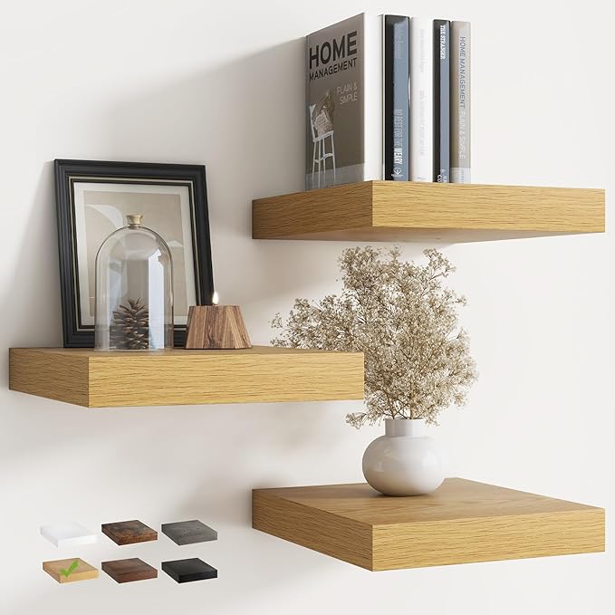 Floating Shelves for Wall with Invisible Brackets, Wall Mounted Engineered Wood Shelves with Wood Grain for Living Room, Bedroom, Bathroom, Kitchen Decor and Storage, Oak, 12"L Set of 3, Oak