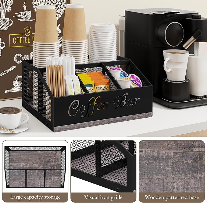 BCOZLUX Coffee Bar Organizer for Countertop, Wooden Counter Station Organizer with Metal Mesh Basket, Coffee Bar Accessories Decor for Pods Condiment Syrup Tea Sugar, Gray