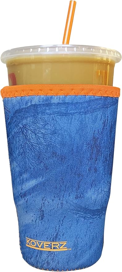 Koverz Iced Coffee Sleeve, Insulated Neoprene Cup Sleeve, Fits a 32 Oz. Coffee Cup, Washable and Reusable, Iced Coffee Accessories, Large Realtree Fishing Blue w/Orange