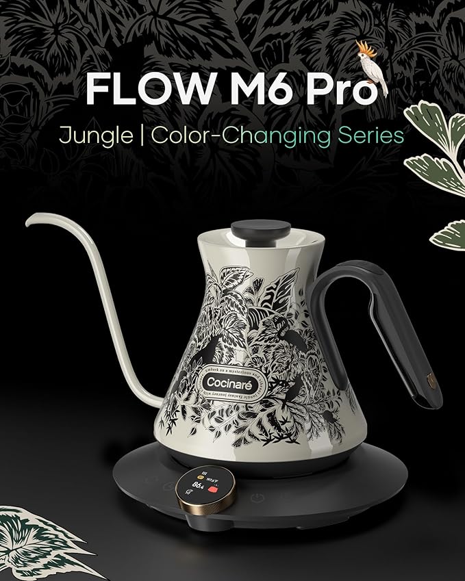 Cocinare Color-changing Collection Jungle Gooseneck Electric Kettle, ±0.5℉ Precise Temperature Control for Pour-Over Coffee & Tea, Quick Heating 1500W, Stainless Steel Interior, 0.9L