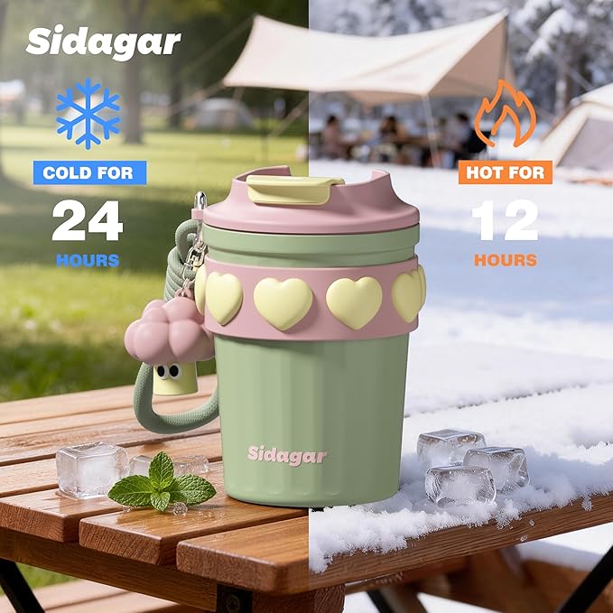 12 oz Travel Coffee Mug Spill Proof Leak Proof, Stainless Steel Thermal Coffee Cup with Lid, Resuable Cup for Hot and Cold, Portable Tumbler for Women, Green