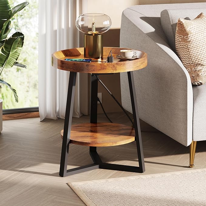 WLIVE Round End Table with Charging Station, Small Round Coffee Table, 2 Tier Side Table for Living Room/Bedroom, Sofa Couch, Wood Tabletop & Metal Frame, Rustic Brown