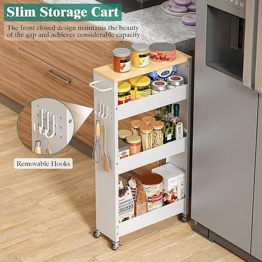 Slim Storage Cart, 4-Tier Kitchen Rolling Cart Narrow Storage Cabinet with Handle & Wheels, Metal Rolling Shelf Unit for Kitchen Bathroom Laundry Small Places (5.9IN White/Natural)