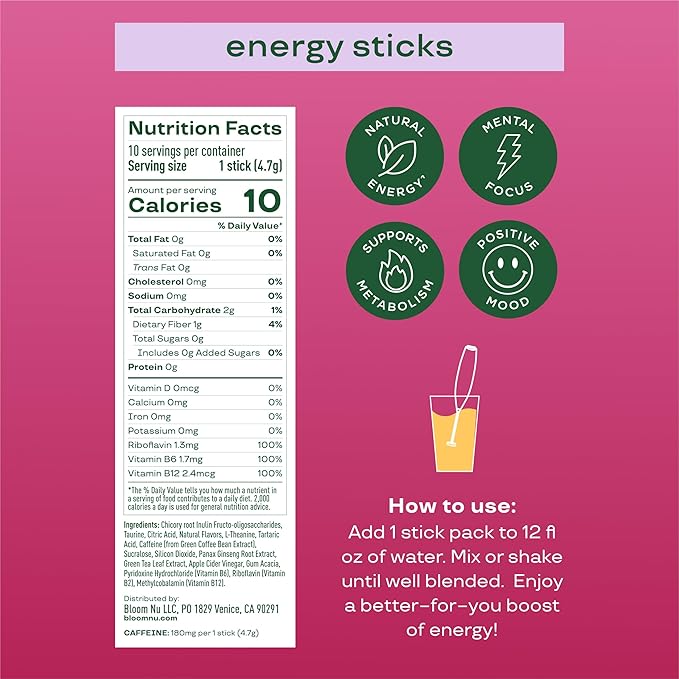 Bloom Nutrition Energy Drink Powder Packets, Sugar Free Energy Drink Mix with L-Theanine, B Vitamins & Natural Caffeine, On the Go Powder Sticks for Natural Energy, 10 Calories (10 Pouches (Pack of 1), Cherry Lime)