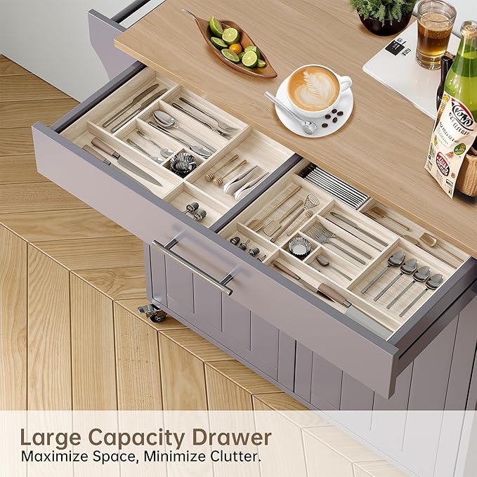 Wood Kitchen Island with Storage, Wooden Rolling Kitchen Island On Wheels with Countertop, Mobile Kitchen Island Cart with Towel Rack, Spice Rack, Adjustable Shelf and Drawers, Grey
