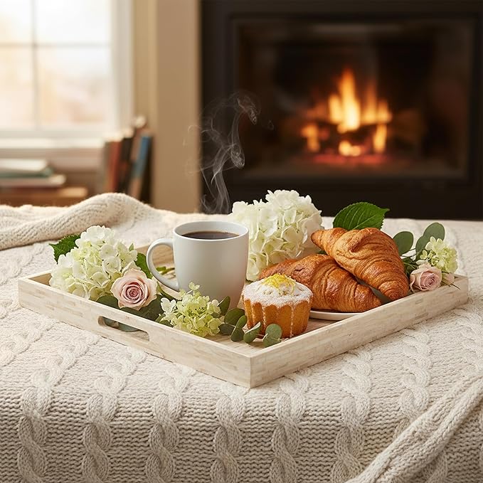 PEMAR Extra Large 20" Square Mother of Pearl Ottoman Tray with Insert Handles, Oversized Decorative Luxury Wooden Serving Tray for Food, Coffee Table, Breakfast in Bed (White Cream)