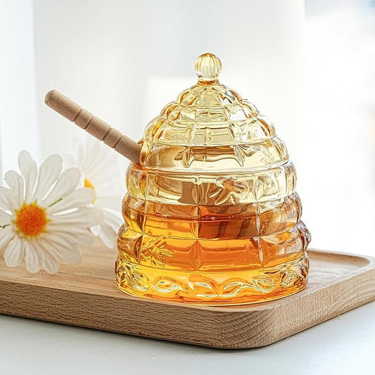 kanpura Honey Jar Pot Glass Holder Dispenser Set with Wooden Dipper Stick and Lid for Home Kitchen, Modern Syrup Glass Container for Storage Gift (Champagne,3.7 Oz)