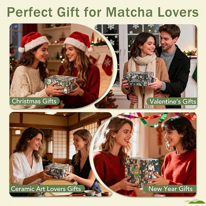 Matcha Whisk Set, Ceramic Bowl with Spout, Bamboo Matcha Whisk & Spoon, Chasen Holder, Scoop Rest, Sifter, 8-Pcs Japanese Ceremony Matcha Powder Kit–Valentine's Day Gift for Women-Matcha Green