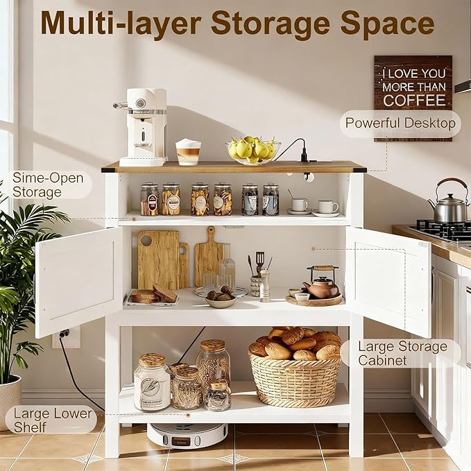 Console Table with Outlets, Farmhouse Coffee Bar Cabinet, 31.5 l x 13.8 D x 35.5 H, Entryway Table with Storage Cabinets for Living Room, Couch, Hallway, Foyer, Kitchen (White)