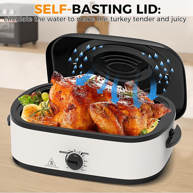 14 Quart Electric Roaster Oven, Turkey Roaster Oven with Self-Basting Lid, Stainless Steel Roaster Pan, White
