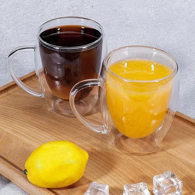 Clear Glass Double Wall Insulated Round Coffee Mugs Set of 4 Pieces - Medium Size 12oz Best Reusable Coffee Mug for Home Cafe Restaurant Perfect for Espresso Capucinno Lungo Latte Coffee