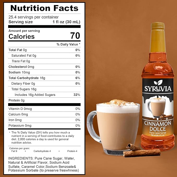 Syruvia Coffee Syrup, Cinnamon Dolce Flavored Syrup for Drinks, Lattes, and Desserts – 25.4 fl oz, With Pump