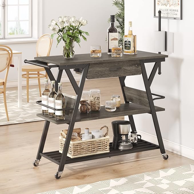 Bestier Coffee Cart Station, 48" W Coffee Bar Table with Storage Drawer, Mobile Kitchen Island on Lockable Wheels, Coffee Bar Cart with Paper & Towel Holder for Dinning Room Living Room, Gray