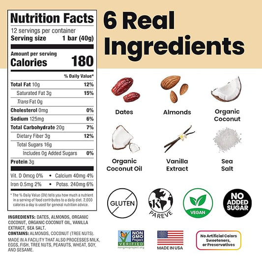 Bahamii Snack Bars, Made with Dates & Nuts, Healthy Snacks, Gluten Free, Good Source of Fiber, Only 6 Ingredients, For Kids & Adults, No Added Sugar, Vegan, 12 Pack, Coconut Vanilla