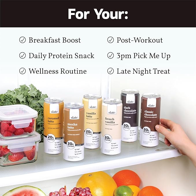 Slate Milk - High Protein Iced Coffee - Vanilla Latte - 175mg Caffeine, Lactose Free Energy - 20g Protein, 1g Sugar, 100 Calories, 1g Net Carbs, No Sugar Added - Protein Coffee - 11 fl oz, 48 Cans