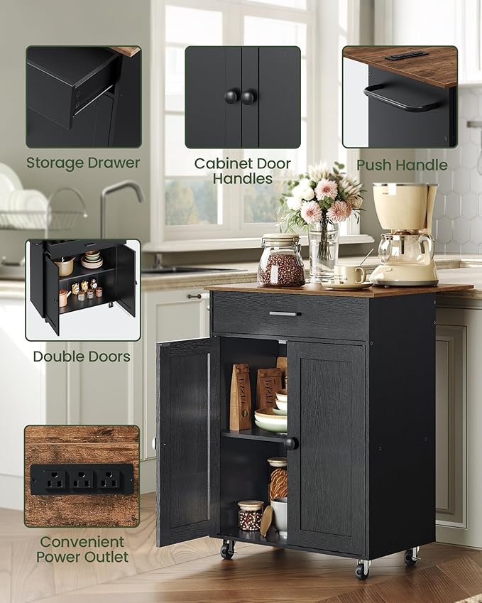 Kitchen Island, Kitchen Island Cart with One Double Cabinet and Drawer, Rolling Storage Cart with Power Strip, with Drop Leaf, for Kitchen, Living Room, Black and Rustic Brown MZD01UBFN1