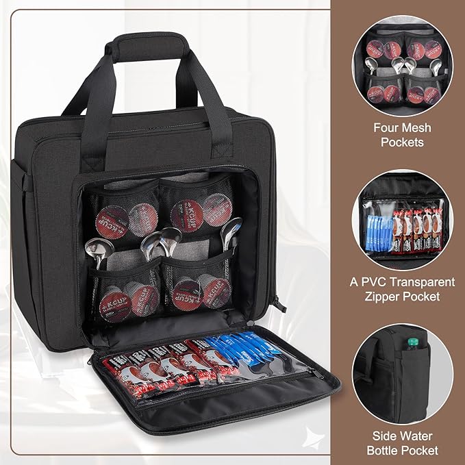 Portable Carrying Coffee Maker Travel Bag Match for Keurig K-Mini/K-Mini Plus/K-Express, Single Serve Coffee Machine Travel Bag with Padded Shoulder Straps Includes Multiple Storage Bags, Black