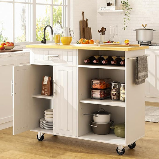 SUNLEI Kitchen Island with Storage Cabinet, 42" Kitchen Cart on Wheels with Shelves, Cart Handle for Towel Rack or Free Mobility, Portable Islands for Kitchen(Stylish White, 42-INCH)