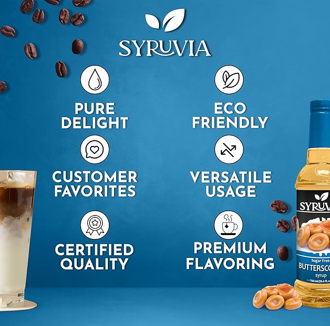 Syruvia Sugar Free Coffee Syrup, Butterscotch Flavored Syrup for Drinks, Lattes, and Desserts – 25.4 fl oz, With Pump