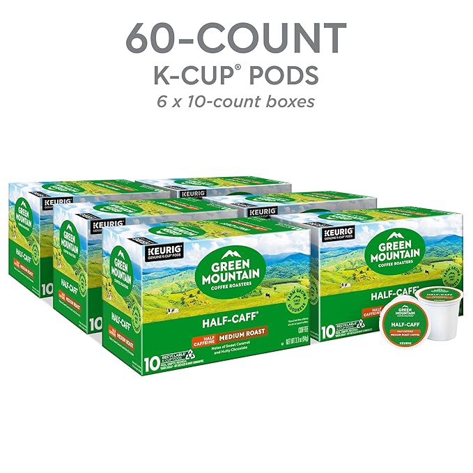 Green Mountain Coffee Roasters Half Caff, Keurig Single Serve K-Cup Pods, Medium Roast Coffee, 60 Count, (6 Packs of 10)
