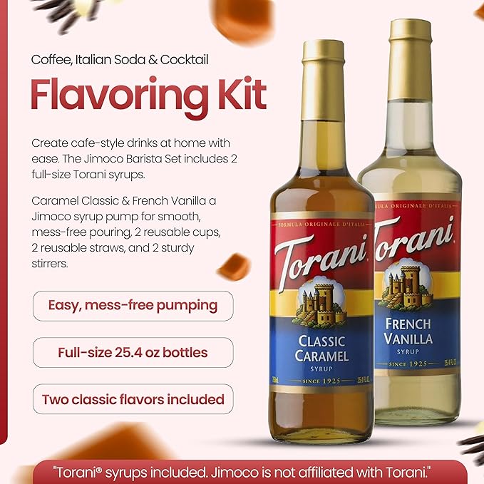 Jimoco Barista Set – Torani Caramel Classic & French Vanilla Syrups (25.4 oz Each) with 2 Jimoco Syrup Pumps, Reusable Cups, Straws & Stirrers – Coffee, Italian Soda & Cocktail Flavoring Kit