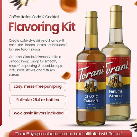 Jimoco Barista Set – Torani Caramel Classic & French Vanilla Syrups (25.4 oz Each) with 2 Jimoco Syrup Pumps, Reusable Cups, Straws & Stirrers – Coffee, Italian Soda & Cocktail Flavoring Kit