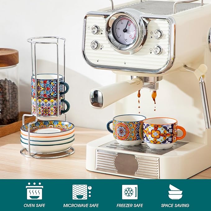 vancasso 2.5 Oz Stackable Espresso Cups with Saucers and Metal Stand Set of 4,Bohemian Ceramic Cappuccino Cups - Microwave and Dishwasher Safe, Perfect For Tea, Espresso, Latte, Cafe-01