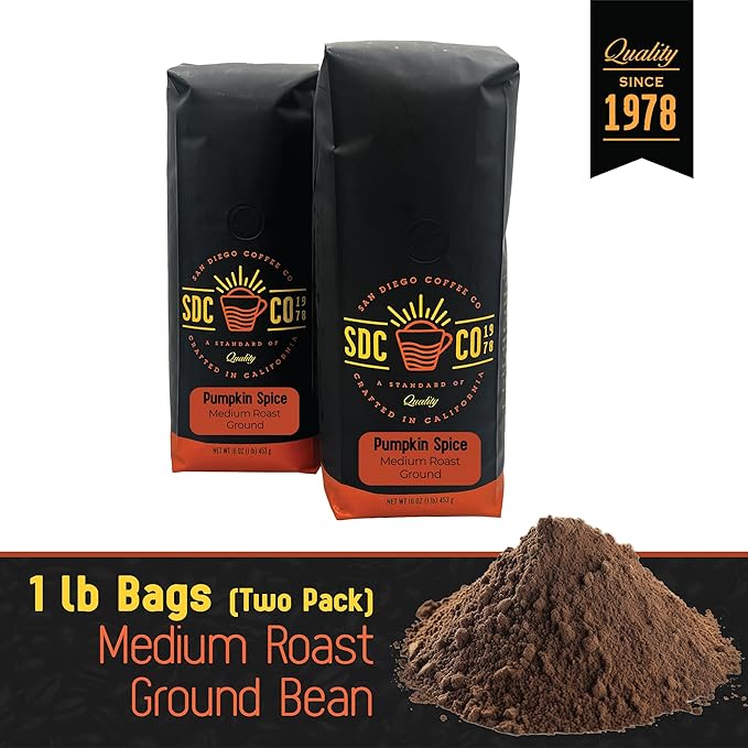 San Diego Coffee Pumpkin Spice, Medium Roast, Ground Coffee, 16-Ounce Bags (Pack of 2) Café molido tostado