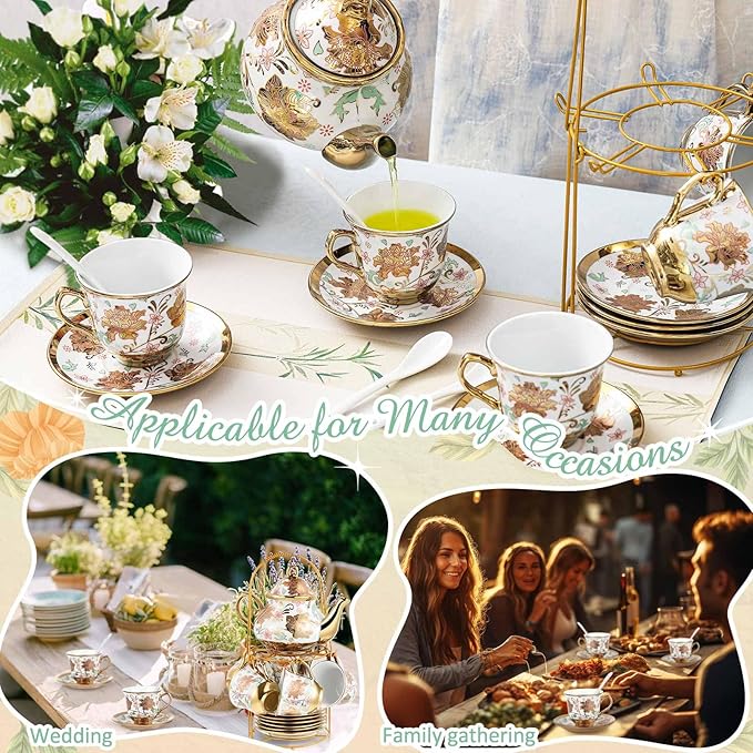 Zhehao 20 Pcs Porcelain Tea Set with Metal Holder and Spoon Adult Ceramic Tea Set European Flower Painting Teapot Cup Saucer Spoon for Women, Large Version(Elegant Style)
