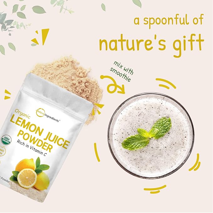 Micro Ingredients Organic Lemon Juice Powder 2 Pack | Cold-Pressed Lemon Source | Natural Vitamin C | No Sugar or Additives | Great for Drinks, Smoothies & Beverages | Non-GMO, Vegan Friendly