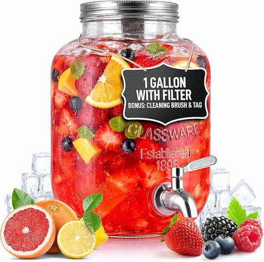 Zulay 1 Gallon Glass Drink Dispenser for Parties – with Spout Lid and Stainless Steel Filter – Leak-Resistant Beverage Dispenser for Events – Lemonade Iced & Sun Tea Infused Water & Juice Dispenser