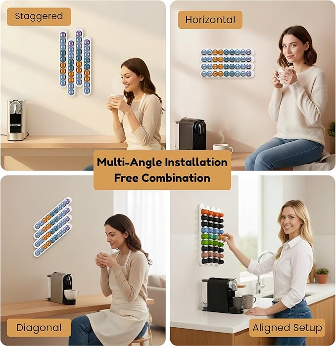 Bamboo Coffee Pod Holder, Adhesive Wall Mount (No Drilling) for Cabinet Door, 36-Capsule Storage (Set of 4) — Vertical/Horizontal — Compatible with Nespresso Original Line-White