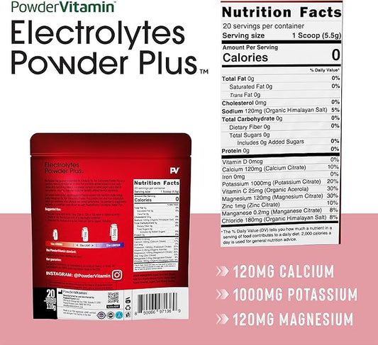 PowderVitamin Electrolytes Powder Plus (20 Servings) Hibiscus Electrolyte Powder, No Maltodextrin, Keto,Sugar Free,Pink Himalayan Salt,1000mg Potassium,120mg Calcium,120mg Magnesium,Hydration Powder