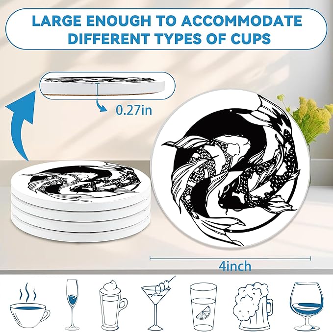 Drinks Coasters Set of 4, Yin Yang Fish Round 4" Cup Coasters, Absorbent Ceramic Stone Coasters with Cork Base, Cute Coasters for Table Home Décor, Ideal Gifts for Women Men