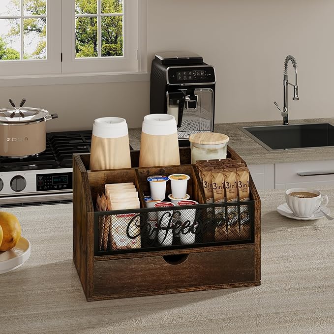 YINMIT Coffee Station Organizer with Drawer for Countertop, Wood Coffee Bar Organizer with Removable Dividers for Pods, Syrup, Cups, Stirrer, Office Bar Accessories (Iron Mesh-Vintage Brown, 2 Tier)