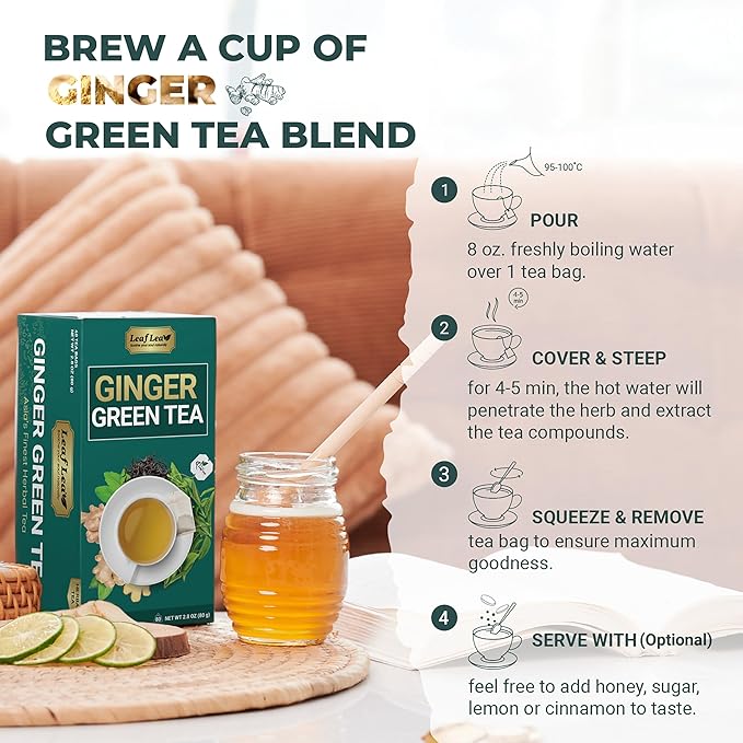 LeafLea Green Tea with Ginger, 80 Tea Bags (2 Packs), Natural Green Tea with Ginger Root, Lightly Sweetened with Stevia, Supports Digestion and Immunity, Low Caffeine, Non-GMO, Gluten-Free