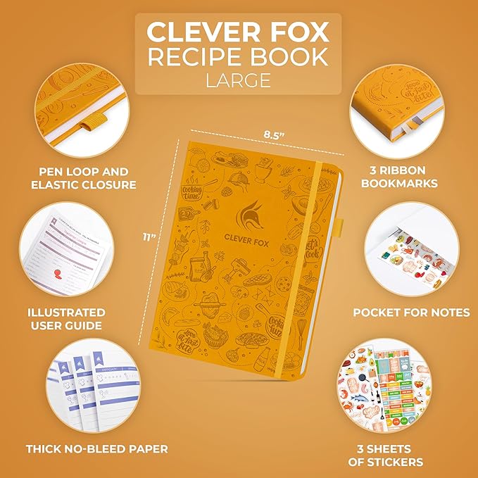 Clever Fox Recipe Book – Make Your Own Family Cookbook – Blank Recipe Notebook Organizer – Empty Cooking Journal to Write In Recipes – Large Size, 8.5”x11.2”, Hardcover, Amber Yellow