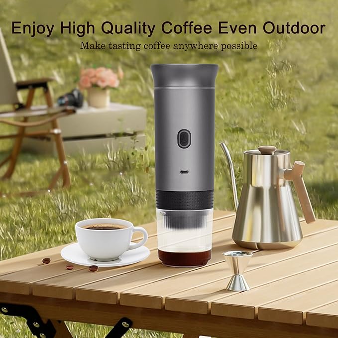 LumoShine Portable Espresso Machine, Mini Espresso Maker, Self Heating Coffee Maker Compatible with Ground Coffee, Capsule for Camping RV Hiking Outdoor Travel (Gray)