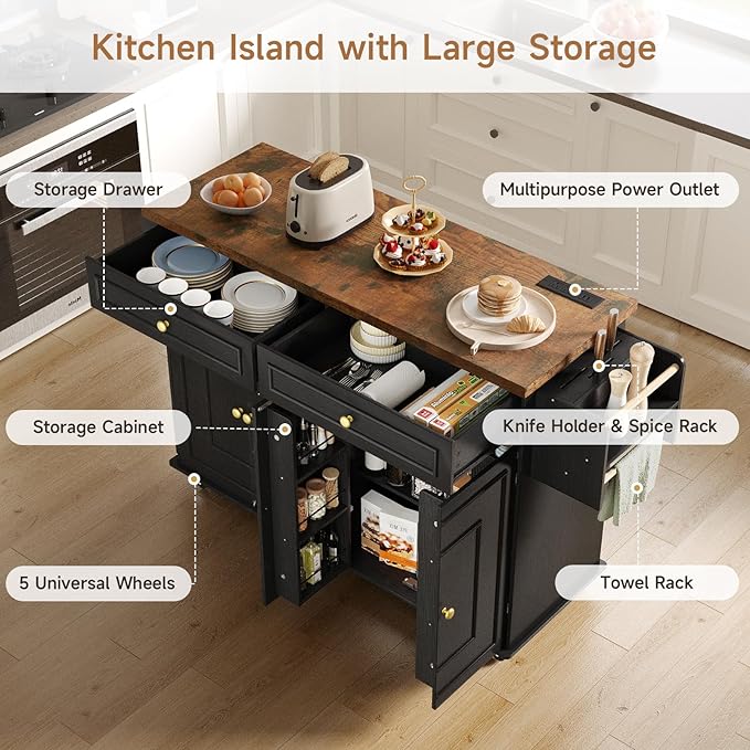 ONBRILL 58" Mobile Kitchen Island, Kitchen Island Cart with Power Outlet, Island Table for Kitchen, Home Bar Carts with Storage, Kitchen Rolling Island with Spice Rack & Towel Rack & Knife Holder