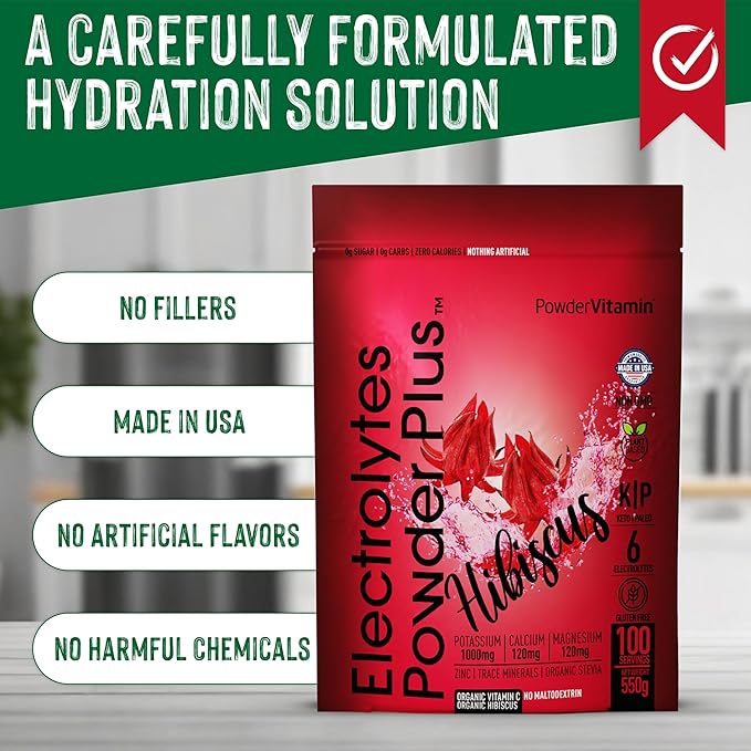 PowderVitamin Electrolytes Powder Plus (100 Servings) Hibiscus Electrolyte Powder Zero Calorie Keto,0 Sugar, No Maltodextrin,1000mg Potassium,120mg Calcium,120mg Magnesium, Hydration Powder