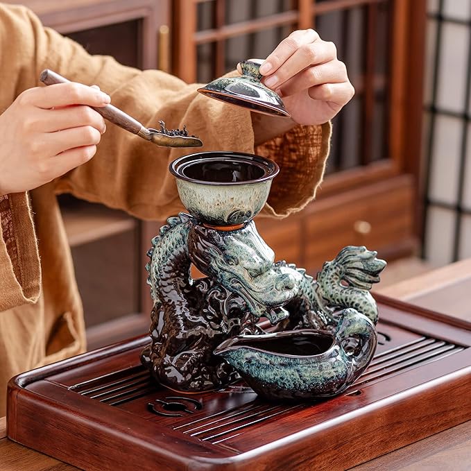 Ceramic Teapot with Infuser Semi Automatic Tea Set Magic Teapot with 8 cups Gradient Color (Gradient Dragon- C)