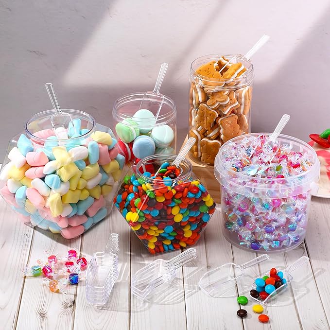 Hestya 16 Pcs Multi Purpose Clear Plastic Scoops for Candy Buffet Acrylic Kitchen Ice Food Popcorn Scoops for Protein Powders, Ice Cream, Coffee, Tea Jar (4.3 Inch)