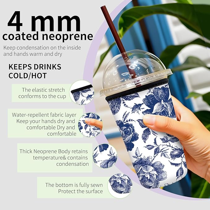 Reusable Neoprene Insulator Sleeve for Iced Coffee Cups, Medium 22-28oz Durable Drink Sleeve for Cold Beverages, Cute Beverage Holder Cup Sleeve for Women Men Cute Blue Floral