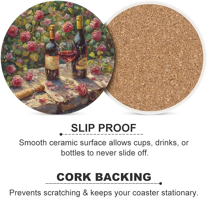 Red Wine Drink Coasters, Round Ceramic Drink Coaster Round-6PCS, Oil Painting Style Red Wine Floral Rose Flower Pattern Decor Absorbent Ceramic Coasters for Beverage Cup, Bar, Coffee Table