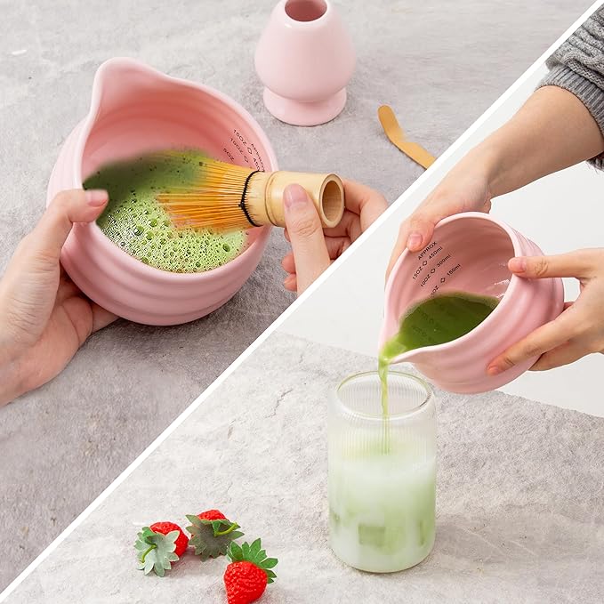 5pcs Premium Matcha Set,Ceramic Bowl with Spout and Bamboo Whisk set, Ceremonical Matcha Kit for breakfast/latte,Tea Starter Making Kit,Unique Matcha Gift set (pink)