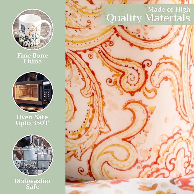 Maison d' Hermine Coffee Mug with Handles Fine Bone China Mugs Pack of One Tea Cups for Hot Beverages Cappuccino Latte Home Office Perfect for Gift (Palatial Paisley - Paisley Autumn, 15 Ounce)