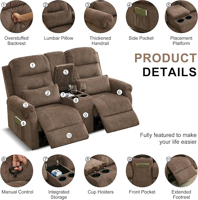 DRMBOOK RV Loveseat Recliner Sofa with Console, Flax Velvet Double Wall Hugger Reclining Couch Manual Home Movie Seating 2 Person Recliner Chair with Cup Holders/Storage/Pocket/Lumbar Pillow, Brown